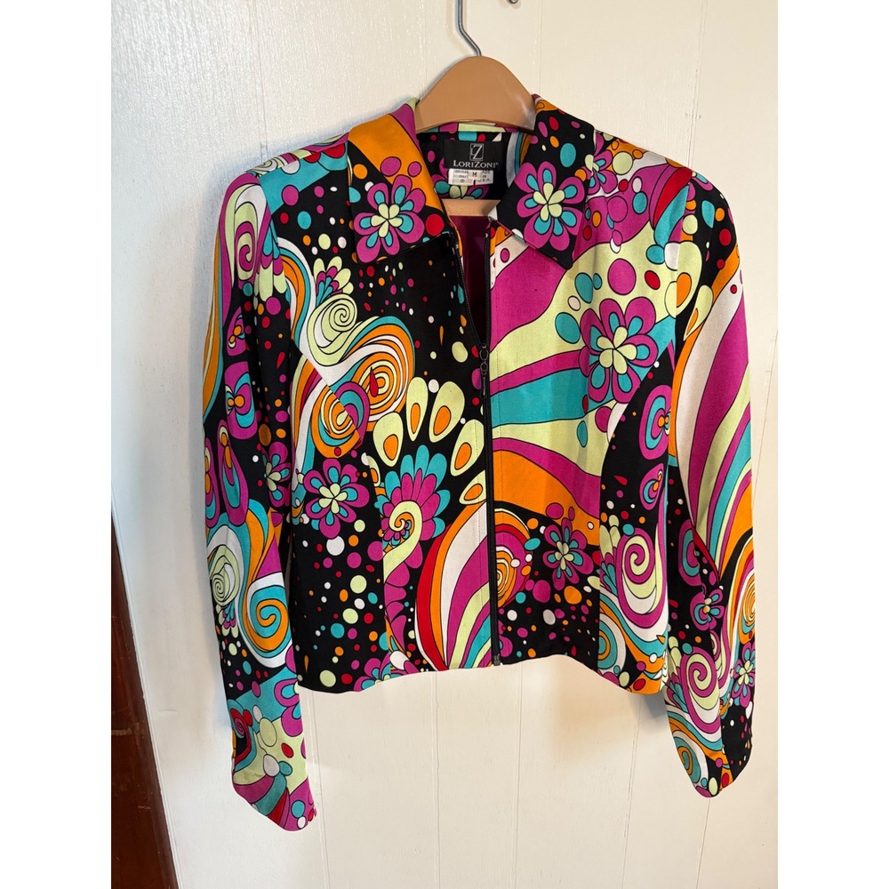 LORIZONI Psychedelic Swirl Floral Print Zip Front Jacket Women's Medium